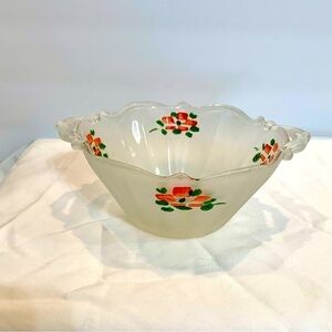 VINTAGE LANCASTER GLASS BOWL FROSTED SATIN PAINTED PINK FLOWERS
